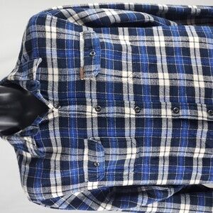 Orvis med weight double hand pocket black & blue casual plaid flannel LG shirt